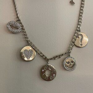 ABS Allen Schwartz Silver Chain Charm Necklace Oui Oui Lips Heart Smiley Face